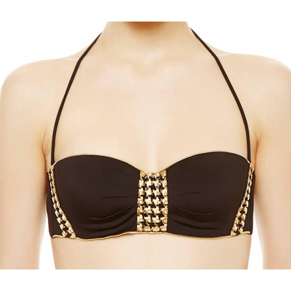 NWT La Perla Black Bandeau Bikini Top Gold Houndstooth Embroidery Size 8